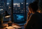 Person sitter vid en dator och samtalar med en AI-assistent en regnig kväll, symbol för hur artificiell intelligens blir en del av människors vardag.