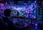 Futuristiskt AI-gamingrum med spelare och intelligenta digitala karaktärer.