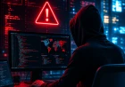 Person i huvtröja framför datorskärmar som illustrerar cyberattacker, hacking och cybersäkerhetshot.