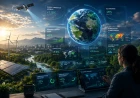 llustration av hur AI används för klimatanalys och hållbar utveckling med satellitdata, förnybar energi och globala miljöprognoser.