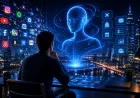 Person som interagerar med en AI-agent framför digitala appar och framtidens internet.