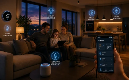 Familj använder smart hem-teknik med röstassistent, energistyrning, säkerhet och automatiserad belysning i ett modernt hem.