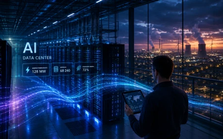AI-datacenter med serverhall där energiförbrukning, servrar och förnybar energi övervakas för att optimera drift och hållbarhet.
