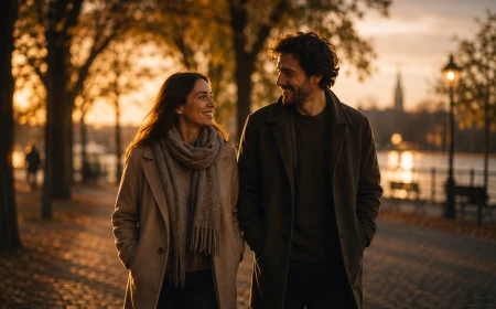 Två människor promenerar tillsammans i kvällssolen och samtalar utan mobiltelefoner.