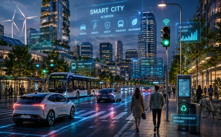 AI-driven smart stad med elbussar, smart trafikstyrning, förnybar energi och uppkopplad infrastruktur för hållbar stadsutveckling.