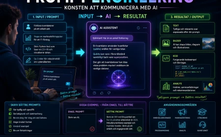 Infografik om prompt engineering som visar hur tydliga instruktioner till AI ger bättre resultat inom text, kod, analys och bildgenerering.