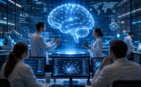 Forskare arbetar i ett futuristiskt AI-laboratorium med en holografisk hjärna som symboliserar artificiell generell intelligens (AGI).