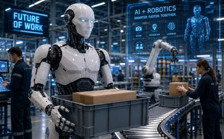 Humanoid industrirobot arbetar tillsammans med människor i en modern fabrik där AI och robotik används för automation och logistik.