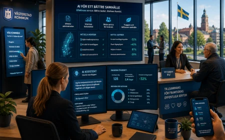 Ljus kommunmiljö där AI används inom offentlig sektor för att förbättra medborgarservice, handläggning och digitala tjänster.