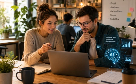 Två kollegor samarbetar kring AI och artificiell intelligens i en modern kontorsmiljö.