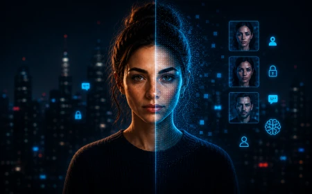 Illustration som visar en människa framför en skärm med AI-genererade ansikten, filter och digital identitet där gränsen mellan människa och artificiell intelligens suddas ut.