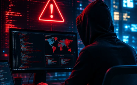 Person i huvtröja framför datorskärmar som illustrerar cyberattacker, hacking och cybersäkerhetshot.