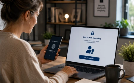 Användare loggar in med en passkey på mobil och dator för säker lösenordsfri autentisering.