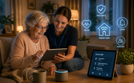 Äldre kvinna använder smart hem-teknik tillsammans med vårdpersonal i hemmet för ökad trygghet, hälsa och självständighet.