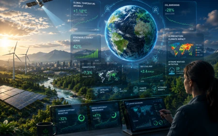 llustration av hur AI används för klimatanalys och hållbar utveckling med satellitdata, förnybar energi och globala miljöprognoser.