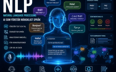 Infografik om NLP (Natural Language Processing) som visar hur AI förstår, översätter och analyserar mänskligt språk genom text, tal och konversationer på flera språk.