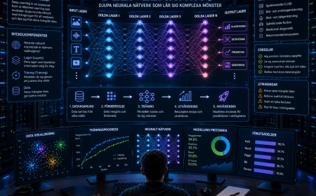 Illustration av deep learning som visar hur djupa neurala nätverk analyserar data genom flera lager för att identifiera mönster och göra prediktioner.