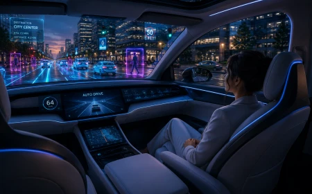 Passagerare färdas i självkörande bil där AI analyserar trafik, fotgängare och omgivning i realtid för säker och autonom körning.