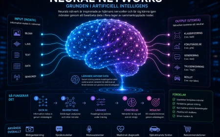 nfografik om neurala nätverk som visar hur artificiell intelligens bearbetar data genom sammankopplade noder för att analysera, lära och skapa resultat.