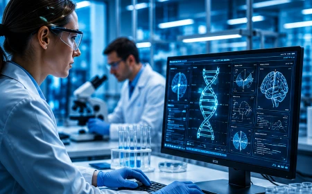 Forskare använder AI och dataanalys i laboratorium för medicinsk forskning och genetiska analyser.