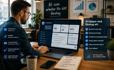 Person använder AI-assistent på dator för att automatisera kundservice, innehåll, administration och analys i ett småföretag.