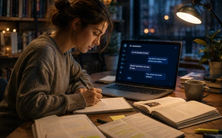 Student arbetar vid ett skrivbord med böcker, anteckningar och en bärbar dator där en AI-assistent används som stöd under studierna.