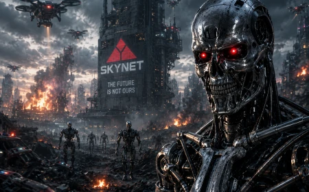 Illustration av Skynet med humanoida robotar och en dystopisk framtidsstad som symboliserar artificiell intelligens och science fiction.