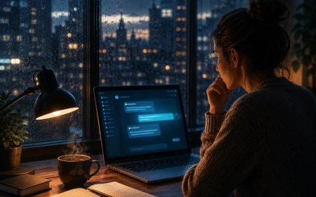Person sitter vid en dator och samtalar med en AI-assistent en regnig kväll, symbol för hur artificiell intelligens blir en del av människors vardag.