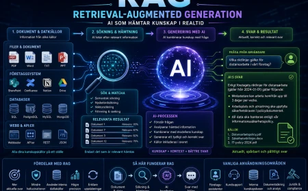 Infografik som förklarar RAG, Retrieval-Augmented Generation, där AI hämtar information från dokument och databaser för att ge aktuella och korrekta svar.