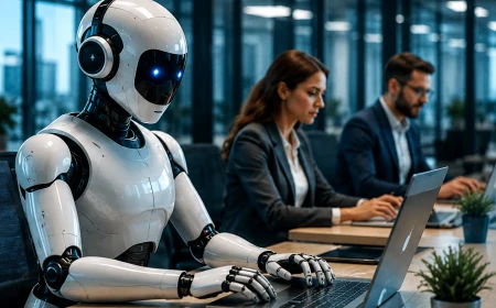 Humanoid AI-assistent arbetar sida vid sida med kontorsanställda i en modern arbetsmiljö.
