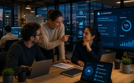 Team samarbetar på kontor med AI-assistent som hjälper till med analys, automatisering, dokumenthantering och projektuppföljning.