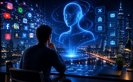 Person som interagerar med en AI-agent framför digitala appar och framtidens internet.