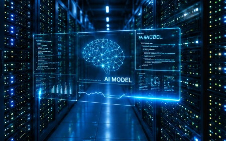 AI-modell i modern serverhall som illustrerar datacenter, artificiell intelligens och högpresterande datorkraft.