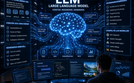 Illustration av en LLM (Large Language Model) som visar hur språkmodeller analyserar, förstår och genererar text, kod, bilder och data.