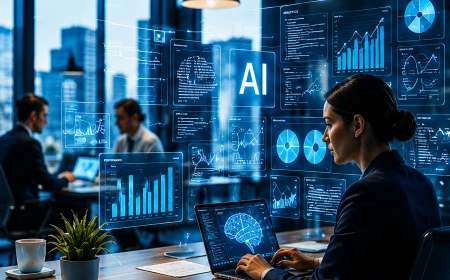 AI och dataanalys i modern kontorsmiljö där medarbetare använder artificiell intelligens för affärsinsikter.