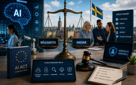 Illustration som visar balansen mellan AI-utveckling och mänsklig kontroll med juridik, säkerhet, AI Act och etiska regler i fokus.