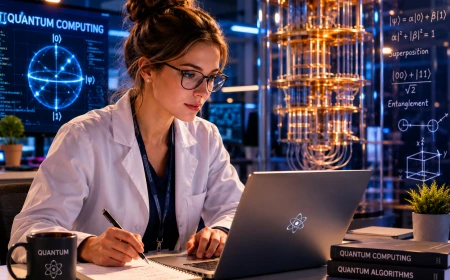Forskare arbetar med kvantdator och kvantberäkningar i ett modernt laboratorium för framtidens datorteknik.