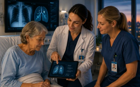 äkare och vårdpersonal visar AI-analyserade lungbilder för patient på sjukhus för att förklara diagnos och behandlingsresultat.