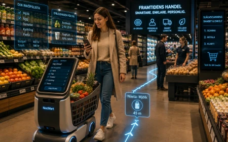 Illustration av framtidens livsmedelsbutik där AI, smarta kundvagnar och digitala inköpslistor hjälper kunden att handla snabbare och mer personligt.