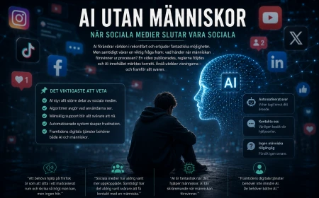 AI utan människor – futuristisk illustration om sociala medier, artificiell intelligens och bristen på mänsklig kontakt där algoritmer och automatiserade system ersätter mänsklig support.