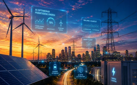 Illustration av hur AI optimerar framtidens energisystem genom smarta elnät, förnybar energi, energilagring och elnätsbalansering.