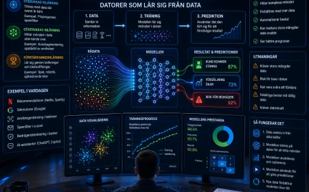 Infografik om machine learning som visar hur maskininlärning tränas på data för att analysera mönster, göra prognoser och skapa prediktioner.