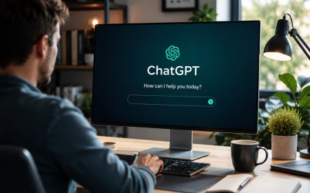 Person använder ChatGPT på en dator i ett modernt hemmakontor för arbete och AI-assistans.