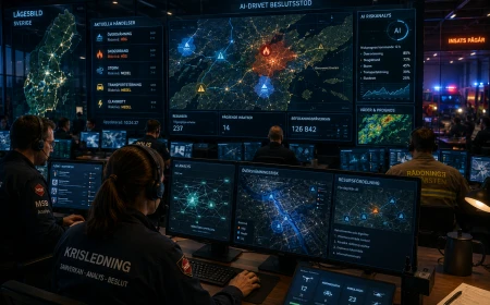 Modernt krisledningscenter där AI analyserar kartor, riskdata och samhällsinformation för att stödja krisberedskap och räddningsinsatser.