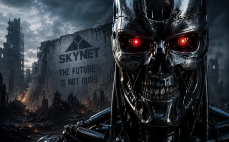 Illustration av Skynet, den fiktiva AI:n från Terminator, framför en dystopisk stad som symboliserar debatten om artificiell intelligens.
