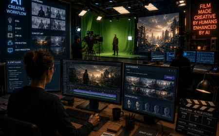 Futuristisk filmstudio där AI används för specialeffekter, digitala karaktärer och modern filmproduktion.