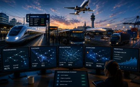 AI-styrt transportsystem med tåg, flyg, kollektivtrafik och godstransporter i en framtida smart stad