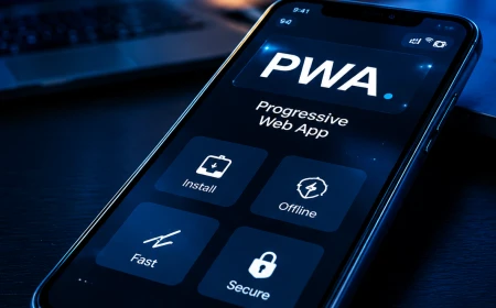 PWA-app på smartphone som visar funktioner som installation, offline-läge, hastighet och säkerhet.