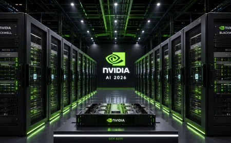Futuristiskt Nvidia-datacenter med AI-servrar och avancerad AI-infrastruktur.