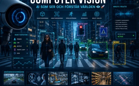 Infografik om computer vision som visar hur AI analyserar bilder och video i realtid för att identifiera personer, fordon, trafikskyltar och objekt.